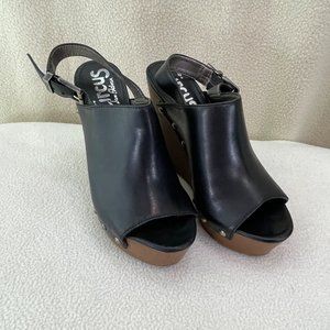 Circus by SE Black Leather Rivet Studded Side Open Toe Wedge Heels